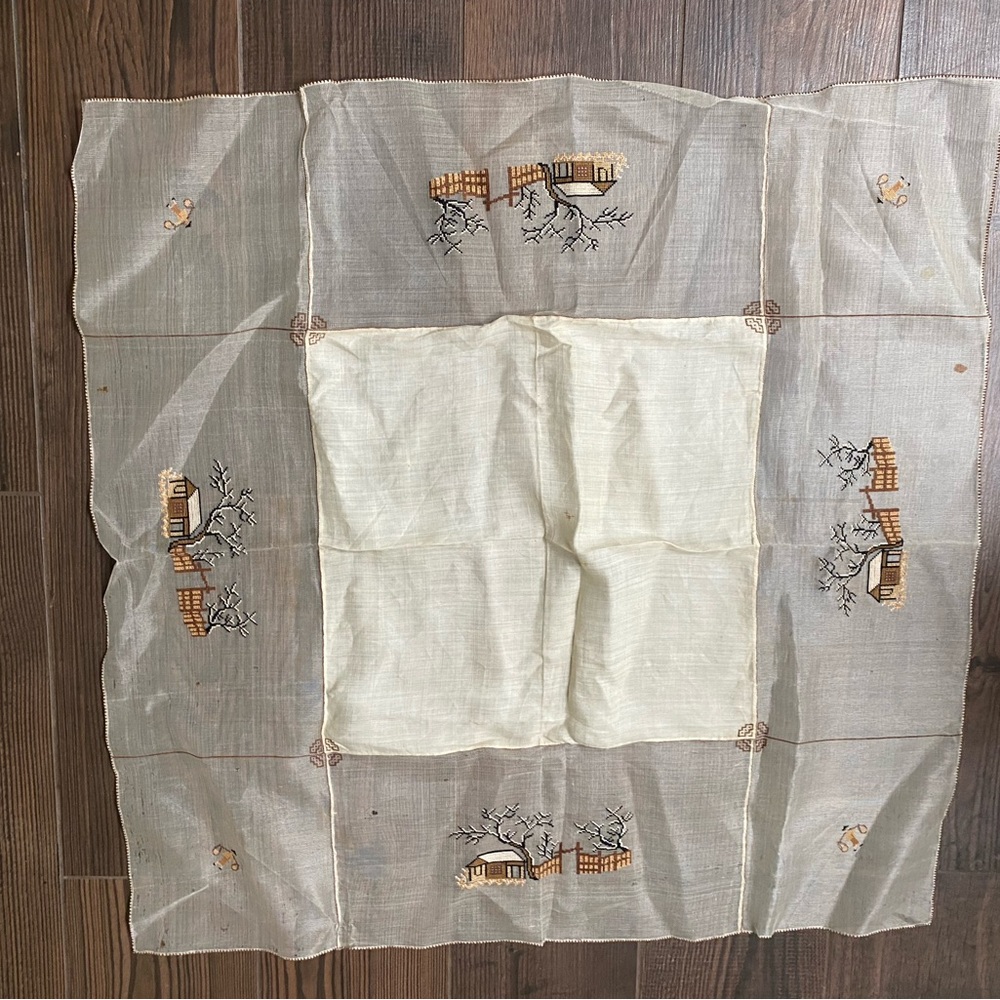 Rare Handmade Table Linen- Winter Themed Cross Stitch of Home and Farmer